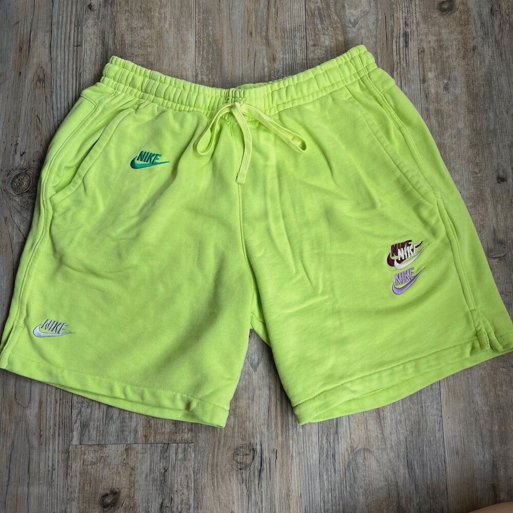 Nike Terry Shorts Mens Medium Embroidered Logo All Over French Green Yellow